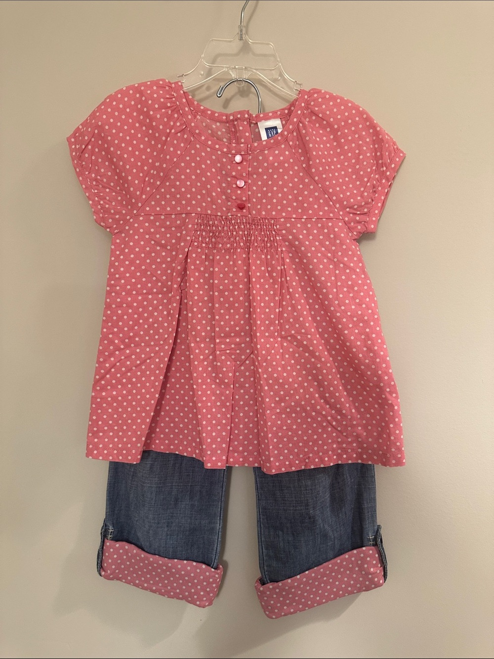 GAP Pink Polka Dot Smocked Peplum Top with matching cuffed/uncuffed denim bottom